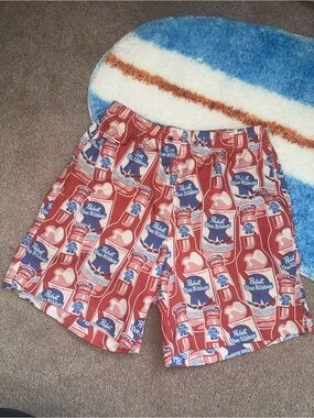 Pabst Blue Ribbon Red Logo Print Swim Shorts